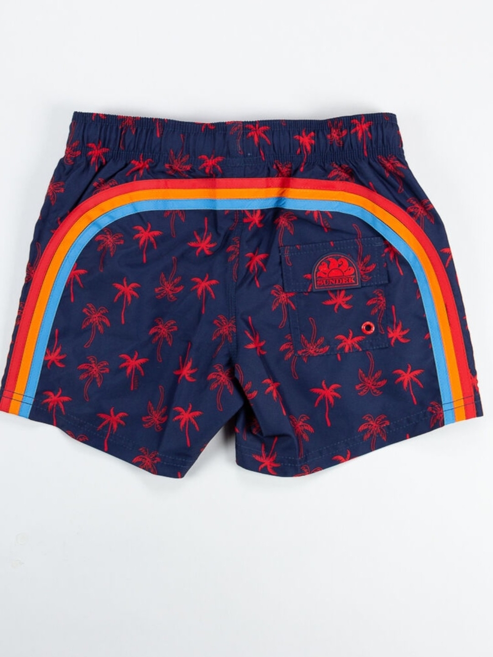 Sundek Navy Swim Shorts with Red Palm Print and Rainbow Stripes Sz 16